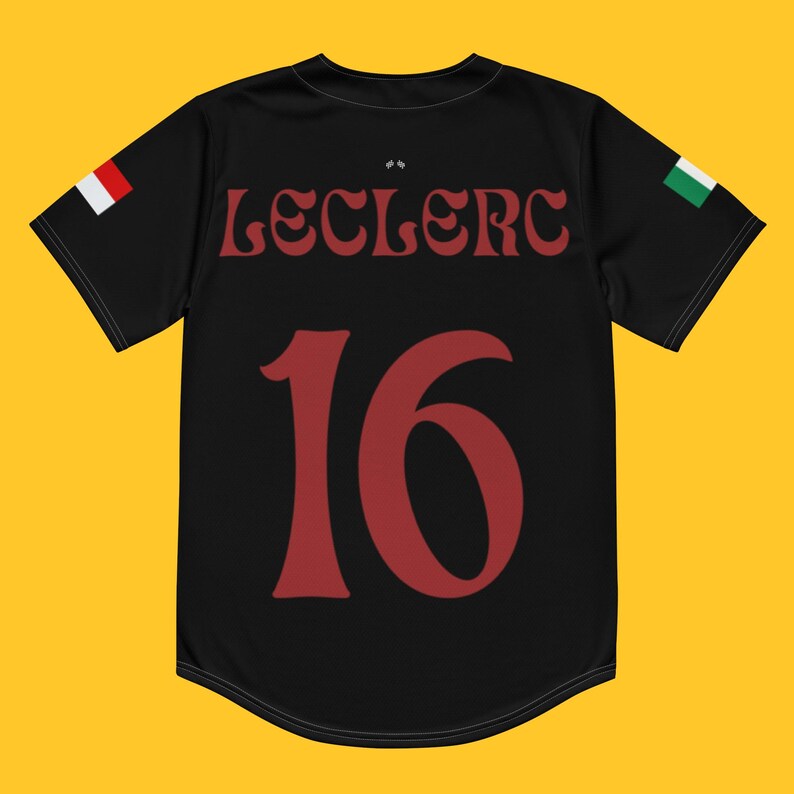 May include: Black jersey with red and white Italian flag on the left sleeve and a green and white flag on the right sleeve. The back of the jersey has the name "Leclerc" and the number "16" in red.