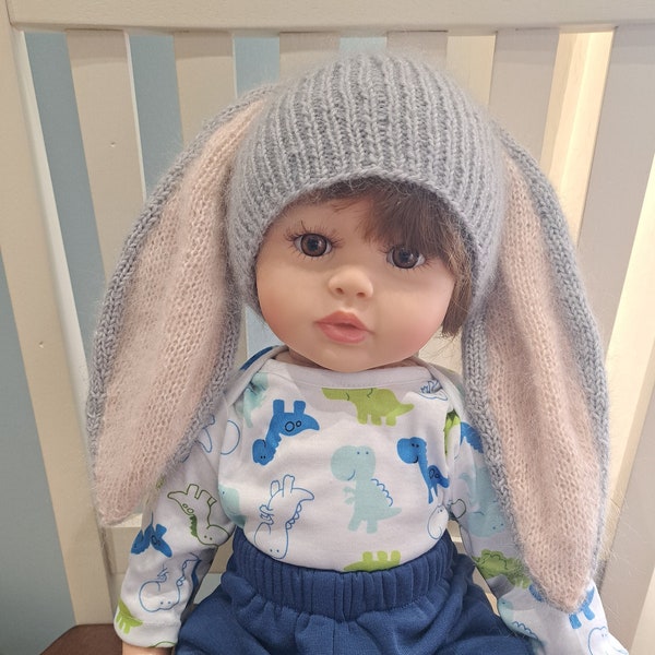 Handknit  bunny hat for baby, toddler and child.  Mohair, soft, bunny ears, stretchy