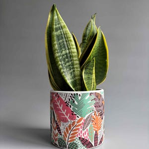 May include: A cylindrical ceramic planter featuring a vibrant, multi-coloured botanical pattern of leaves in shades of pink, orange, teal, and dark brown. A tall snake plant with upright, sword-shaped green leaves and yellow edges sits inside.