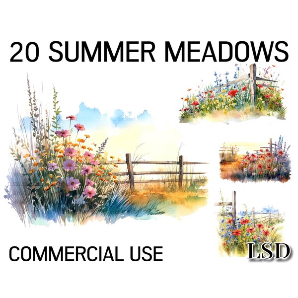 20 Sommerwiese-Aquarell-Bilder von Sommer-Wildblumen und Wiesen-Karten machen, Wandkunst, Digitale Papiere Handwerk-kommerzielle Nutzung