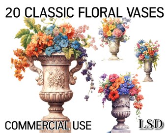 20 Floral Bouquet Vases Clipart Images Bundle, Watercolour Download Pack of Floral arrangements, Graphics for Commercial Use