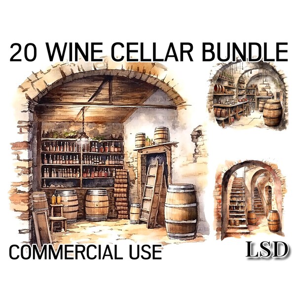 20 French Wine Cellars, Clipart, Rustic Watercolor Wine Cellar and Casks for Scrapbooks, Junk Journaling, Digital Download, Commercial Use