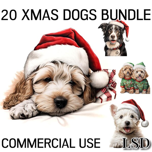 20 Xmas Dogs Pack, Clipart Images Bundle, Cute Festive Jack Russells, Cockapoos, Collies and West Highland Terriers with Santa Hats