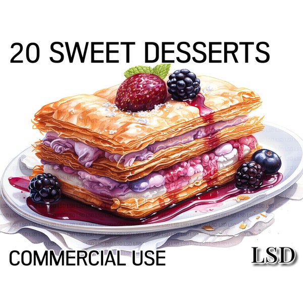 20 Sweet Desserts Food Clipart Images for Commercial Use, Watercolour Cheesecake Desserts and Pastry Bundle for Digital Download