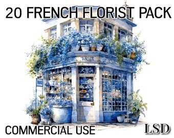 20 Paris Flower Shops, Watercolor Clipart Bundle-Image Pack of French Florists- Journaling or Scrapbooking-Commercial Use-Instant Download