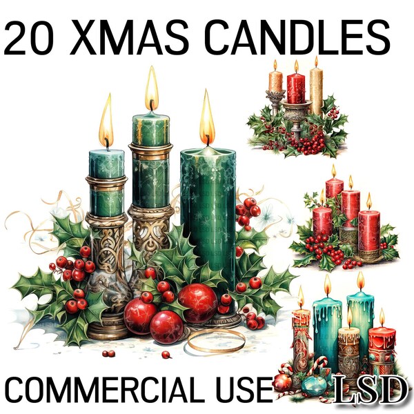 20 Festive Christmas Candles Clipart Images Pack, Watercolour Holiday Season Xmas Candles Images Bundle, Tinsel & Baubles, Digital Download