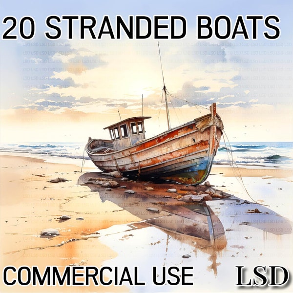 Pack d’images de 20 bateaux, bateaux peints à l’aquarelle sur un paquet de plage, clipart de bateau de pêche pour les planificateurs numériques, téléchargement, utilisation commerciale