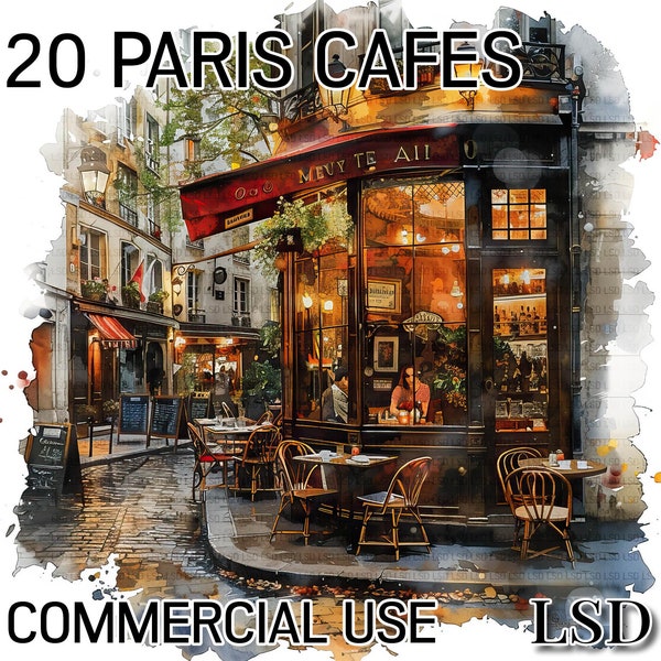 20 Paris Cafes, Watercolor Pictures of Paris Street Cafes Clipart , French Streets with Eiffel Tower, Commercial Use, Instant Download