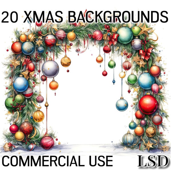 20 Christmas Backgrounds Clipart Images Bundle, Watercolor Border Images, Scrapbook Pages, Digital Pages, Commercial Use.