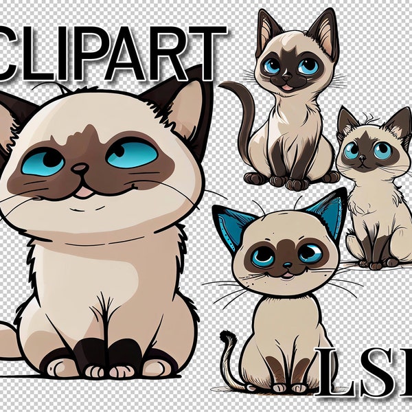 4 Siamese Cat Clipart Bundle, Cartoon Transparent PNG Images for, Scrapbooking, Merchandising, Commercial Use, Digital Download