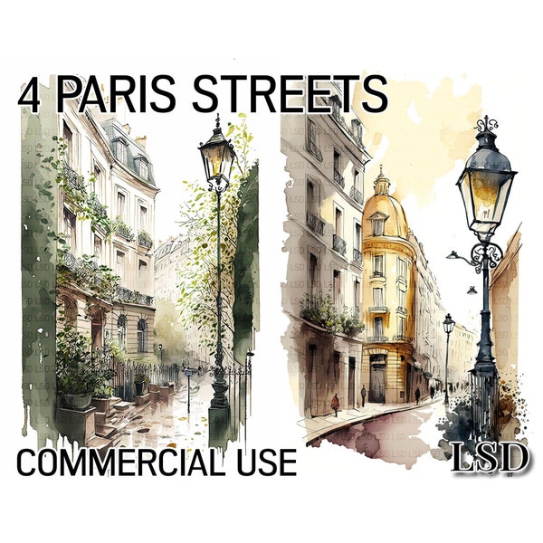 4 Paris Street Watercolour Clipart, 4 city watercolour clipart images of French streets in JPG format