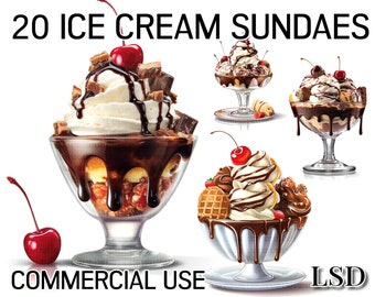 20 Ice Cream Clipart Images, Summer Ice Cream Sundae Desserts, Fruit and Ice Cream,  Menu images for Commercial Use and Digital Download