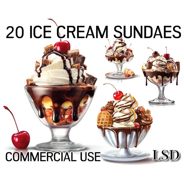 20 Ice Cream Clipart Images, Summer Ice Cream Sundae Desserts, Fruit and Ice Cream,  Menu images for Commercial Use and Digital Download