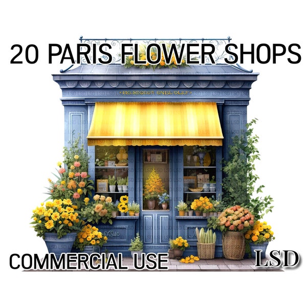 20 Paris Flower Shops, Clipart Images: French Florist illustrations for Commercial Use, Digital Download