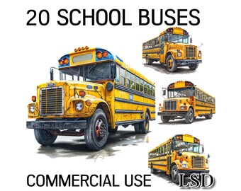 School Bus Image Set, 20 Watercolor School Bus Clipart Images for Commercial Use and Digital Download, School Transport Vehicles Images