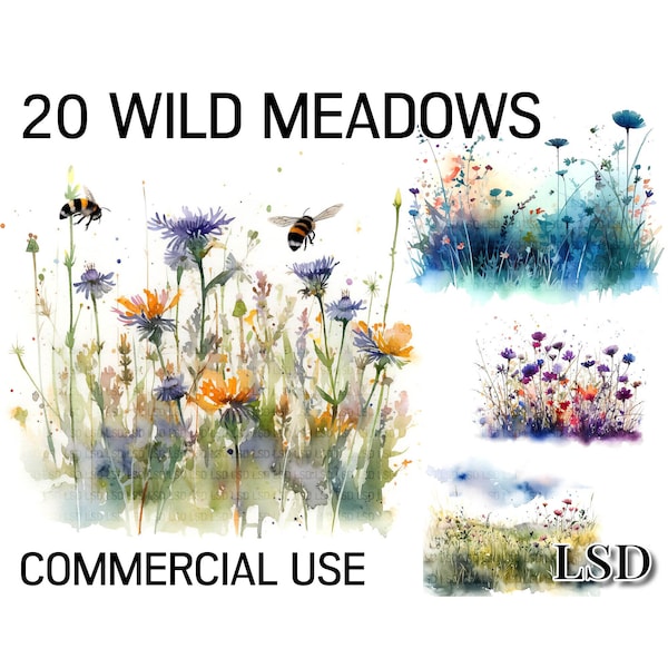 20 Wildblumen Wiesen, Aquarell Wildblumen Clipart Bilder, Kartenherstellung, Blumen Wandkunst, digitales Papier Handwerk, kommerzielle Nutzung