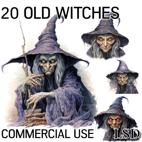 20 Wrinkly Old Witches Images Bundle, Watercolour Ancient Witches Clipart Pack of Spooky Old Witches, Trick or Treat, Digital Download