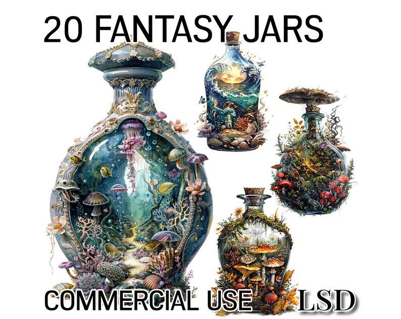 Fantasy Jars Image Set, 20 Watercolor Magical Jar Clipart Images for