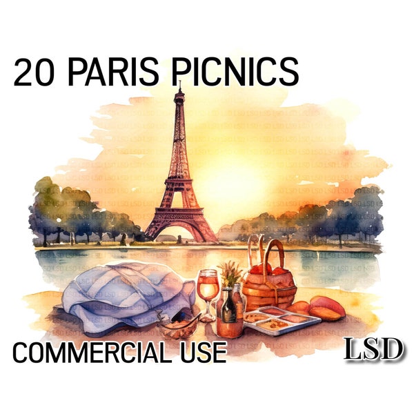 20 Romantic Paris Picnics, Clipart Images for Download: Watercolor Bundle of Secluded French Sunset Picnic Images, Commercial Use