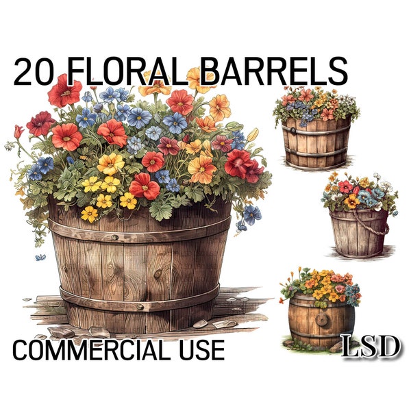 20 Floral Barrel Clipart Pack, Vintage Rustic Flower Barrels Images for Card Making, Web Media -Digital Download-Commercial Use