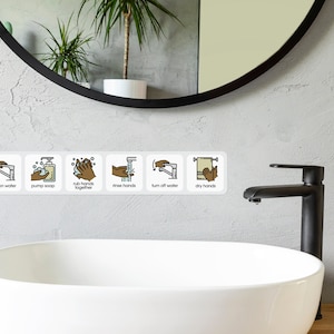 Op de afbeelding: Zes witte vierkante stickers met zwarte randen en illustraties van handwasstappen. De stickers bevinden zich op een grijze muur boven een wit porseleinen wastafel met een zwarte kraan. De tekst op de stickers luidt: "water aanzetten", "zeep pompen", "handen tegen elkaar wrijven", "handen afspoelen", "water uitzetten", "handen drogen".