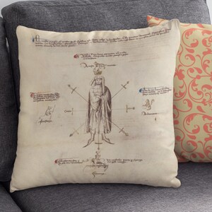May include: Two decorative throw pillows on a gray couch. One pillow features a vintage illustration of a person in a robe with swords surrounding them. The other pillow has a cream background with a repeating pattern of orange floral swirls.