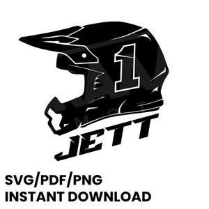 May include: Black and white silhouette of a motocross helmet with the number "1" and the name "JETT" written below.