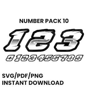 Race Car Racing Team Numbers Set Automobile Motorcycle Kart Dirt Track Sim Racing Drift  0 - 9 SVG PNG and PDF Vector Number Pack 10