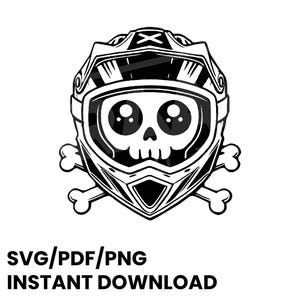 Puede incluir: Ilustración en blanco y negro de una calavera con un casco de motocross y huesos cruzados detrás. La calavera tiene ojos grandes y redondos.