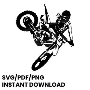 May include: Black and white graphic of a motocross rider performing a stunt on a motorcycle. The rider is wearing a helmet and protective gear. The image includes the text "SVG/PDF/PNG INSTANT DOWNLOAD".