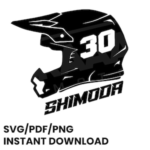 May include: Black and white graphic design of a motorcycle helmet with the number 30 on the side and the word "Shimoda" underneath.