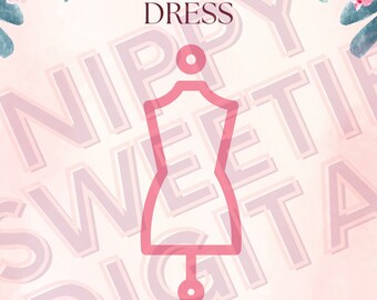 May include: A pink and white floral background with the text "GUESS THE DRESS" in black. A pink outline of a dress form is in the center of the image.