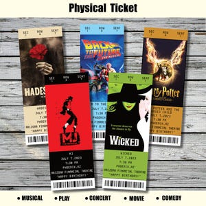 May include: A collection of five physical tickets for various events, including musicals, plays, and movies. The tickets feature colorful designs and text, with titles like "Hades," "Back to the Future," "MJ The Musical," "Wicked," and "Harry Potter."
