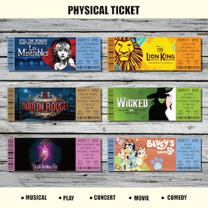 May include: A collection of six physical tickets for various stage productions, including musicals, plays, and a comedy show. The tickets feature colorful designs and text, with titles like "Les Miserables," "The Lion King," and "Bluey's Big Play."