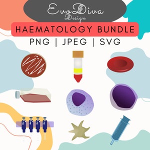 May include: A set of hematology illustrations, including a blood cell, a test tube, a syringe, a blood smear, and a pipette. The illustrations are in a cartoon style and are perfect for educational purposes.