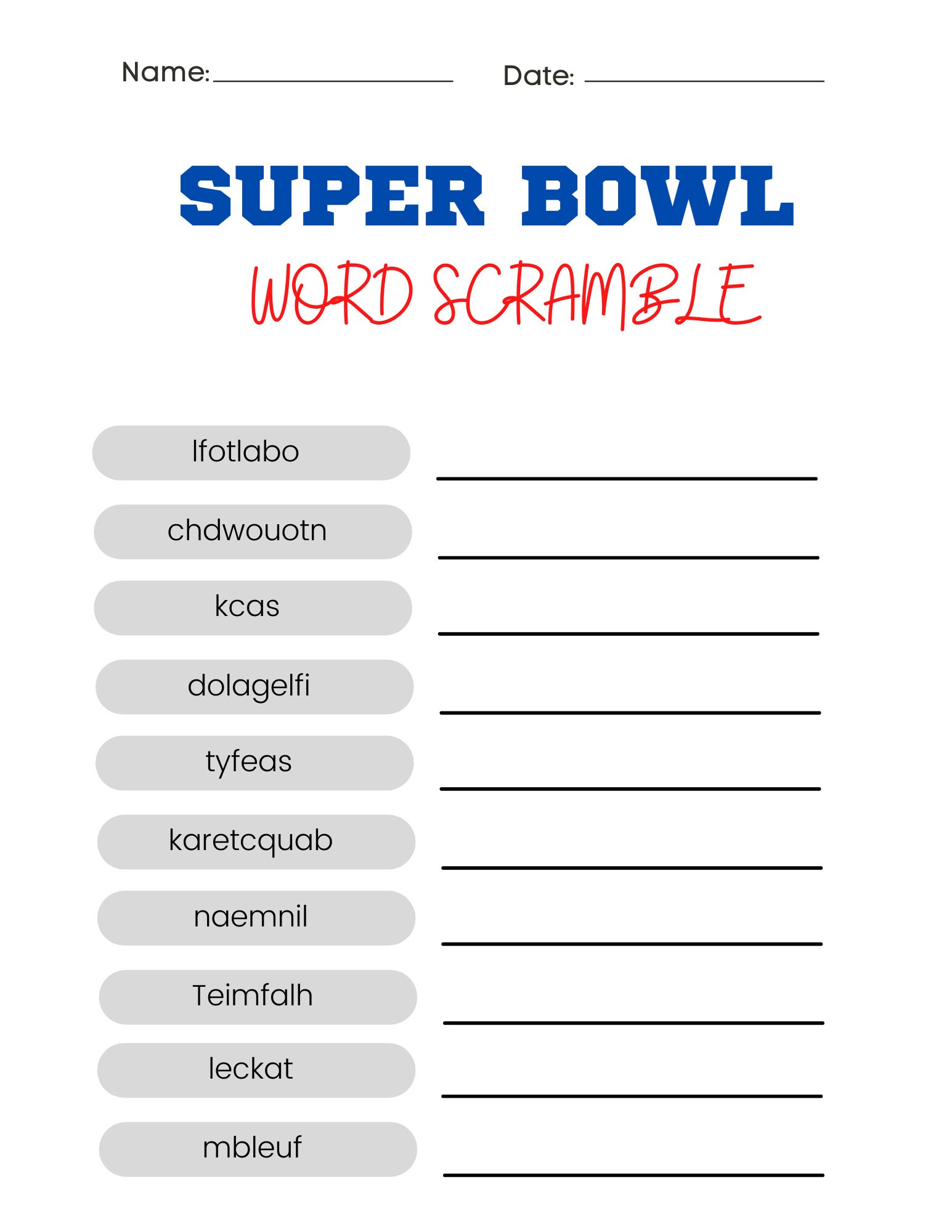 Super Bowl Word Scramble Printable Game Etsy