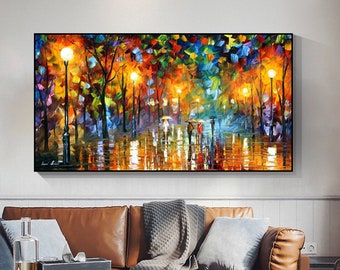 Oil Painting on Canvas Colorful Street Abstract, Rain City Modern Oil Painting Building Abstract, Original Hand Painted Painting, Modern Art