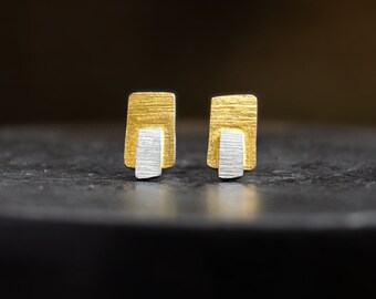 Silver on gold keum boo wabi-sabi studs, raw modern brutalist, embossed bi-metal earrings