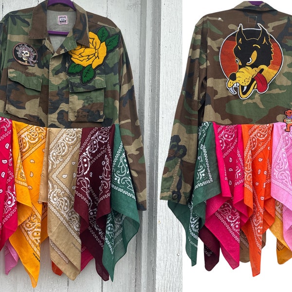 Totally Patched Out Man, Upcycled Bandana Military Jacket (Lg/XL)