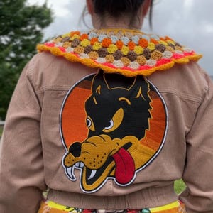 Corduroy Jacket with Wolf Back Patch and Crochet Peter Pan Collar