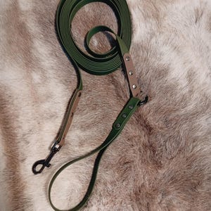 Può includere: Un guinzaglio verde oliva per cani con un'impugnatura abbinata e un moschettone in metallo nero. Il guinzaglio è realizzato in un materiale resistente e flessibile e presenta inserti in pelle marrone chiaro. Il guinzaglio è arrotolato e pronto all'uso.