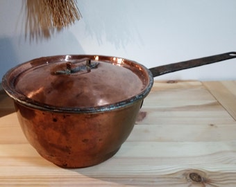 Antique copper cooking pot with forged iron handle and lid - Sweden - Vintage - Copper pot