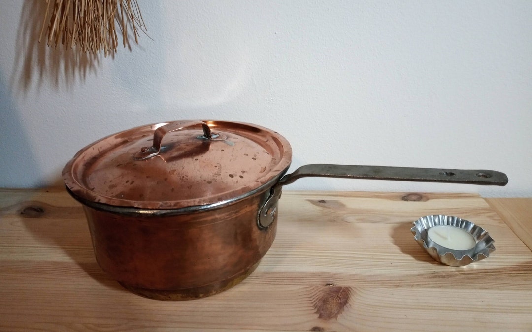 Antique Copper Cooking Pot With Iron Handle and Lid, Joh. Bergh