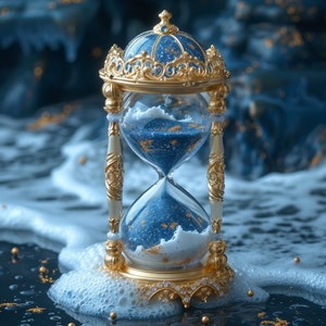 Op de afbeelding: Een gouden zandloper met blauw zand, tegen een achtergrond van wit schuim en blauw water. De zandloper is versierd met ingewikkelde details en een kroonvormige bovenkant.