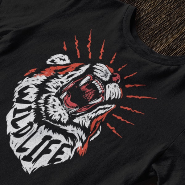 Wildlife Tee, Big Cat Roaring, Tiger T-Shirt, Tattoo Style, Herren T-Shirt, Herren Shirts, Unisex T-Shirts