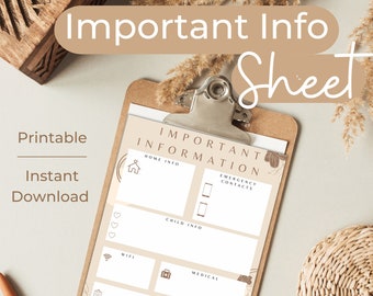 Important Information Sheet Emergency Information Sheet Babysitters Information Family Information Printable