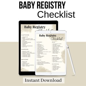 Könnte beinhalten: Eine druckbare Baby-Registerliste mit Kategorien für Kleidung, Stillen, Baden, Gesundheit, Kinderzimmer, Ausrüstung, Füttern und Wickeln. Die Checkliste wird auf zwei digitalen Tablets mit weißem Hintergrund und einem hellbraunen Aquarelleffekt angezeigt.