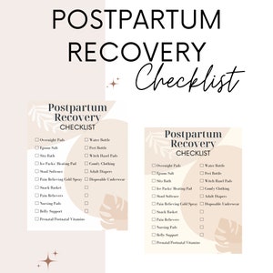May include: A printable postpartum recovery checklist with a tropical leaf design. The checklist includes items such as overnight pads, Epsom salts, water bottle, peri bottle, witch hazel pads, ice packs, comfy clothing, adult nappies, disposable underwear, stool softener, pain relieving cold spray, snack basket, pain relievers, nursing pads, belly support, and prenatal postnatal vitamins.