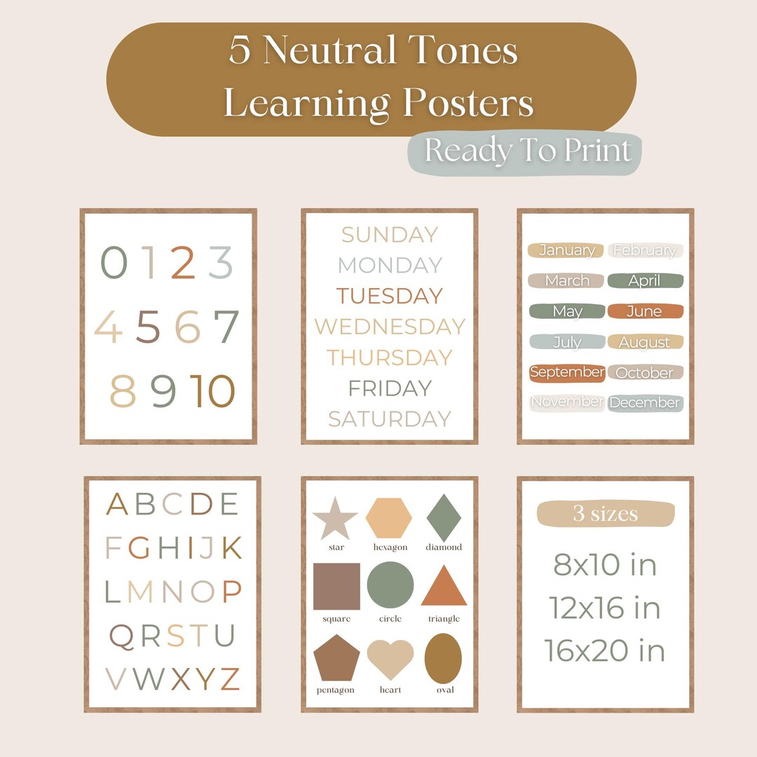 5 Educational Poster Prints, Montessori Classroom Decor, Neutral Kids ...