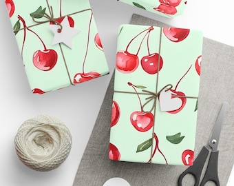 Papier cadeau imprimé cerises, Emballage cadeau pour les fêtes, Emballage mignon